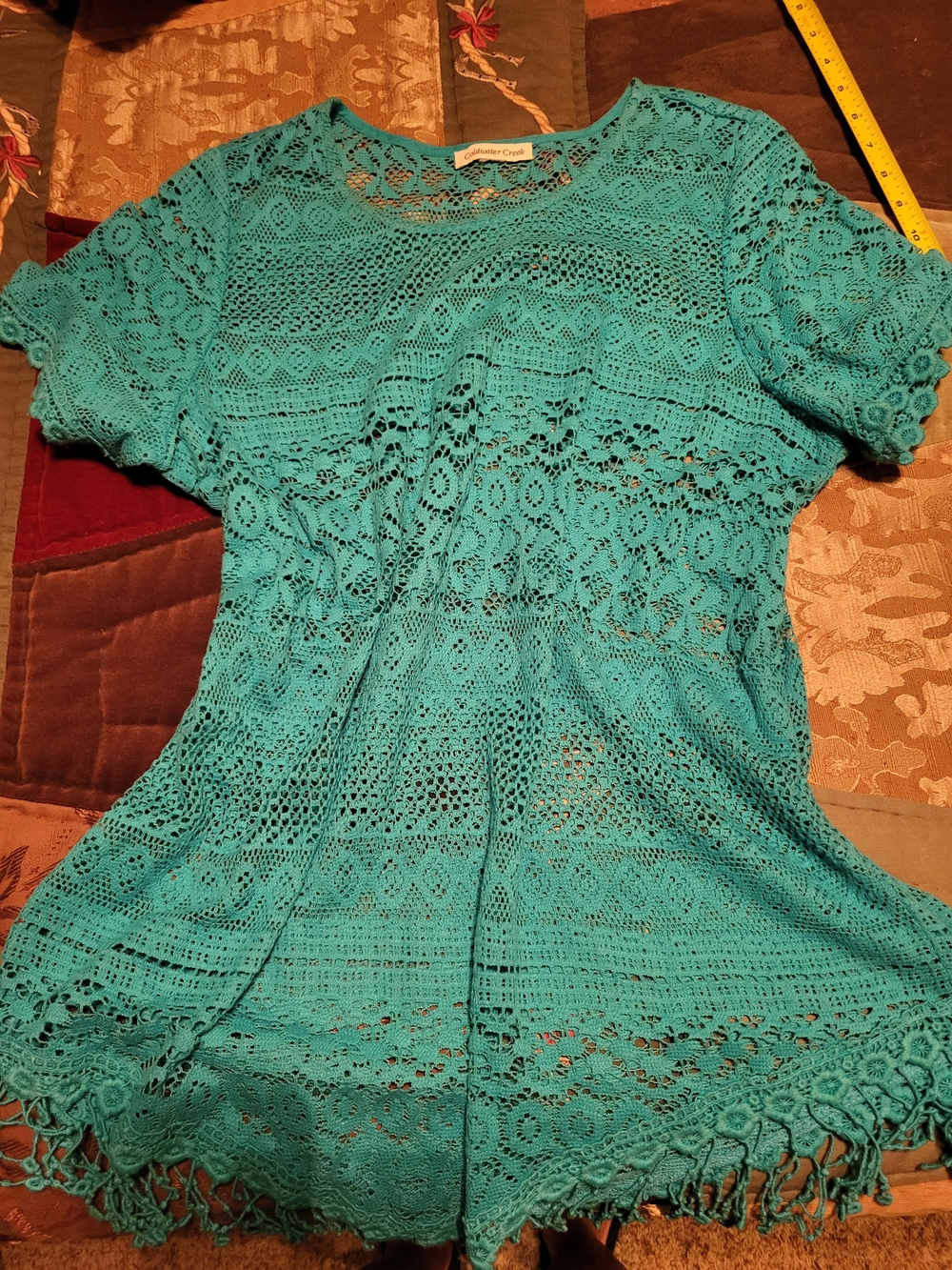 Coldwater Creek Teal Blue Crochet Lace Short Sleeve Top with Fringe